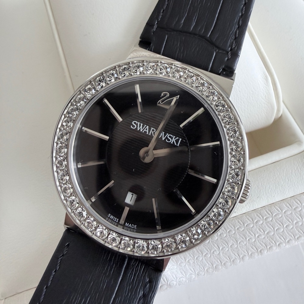 Swarovski Octea Lux Swiss Made Black Leather Crystal Bezel Watch 5414410 39mm
